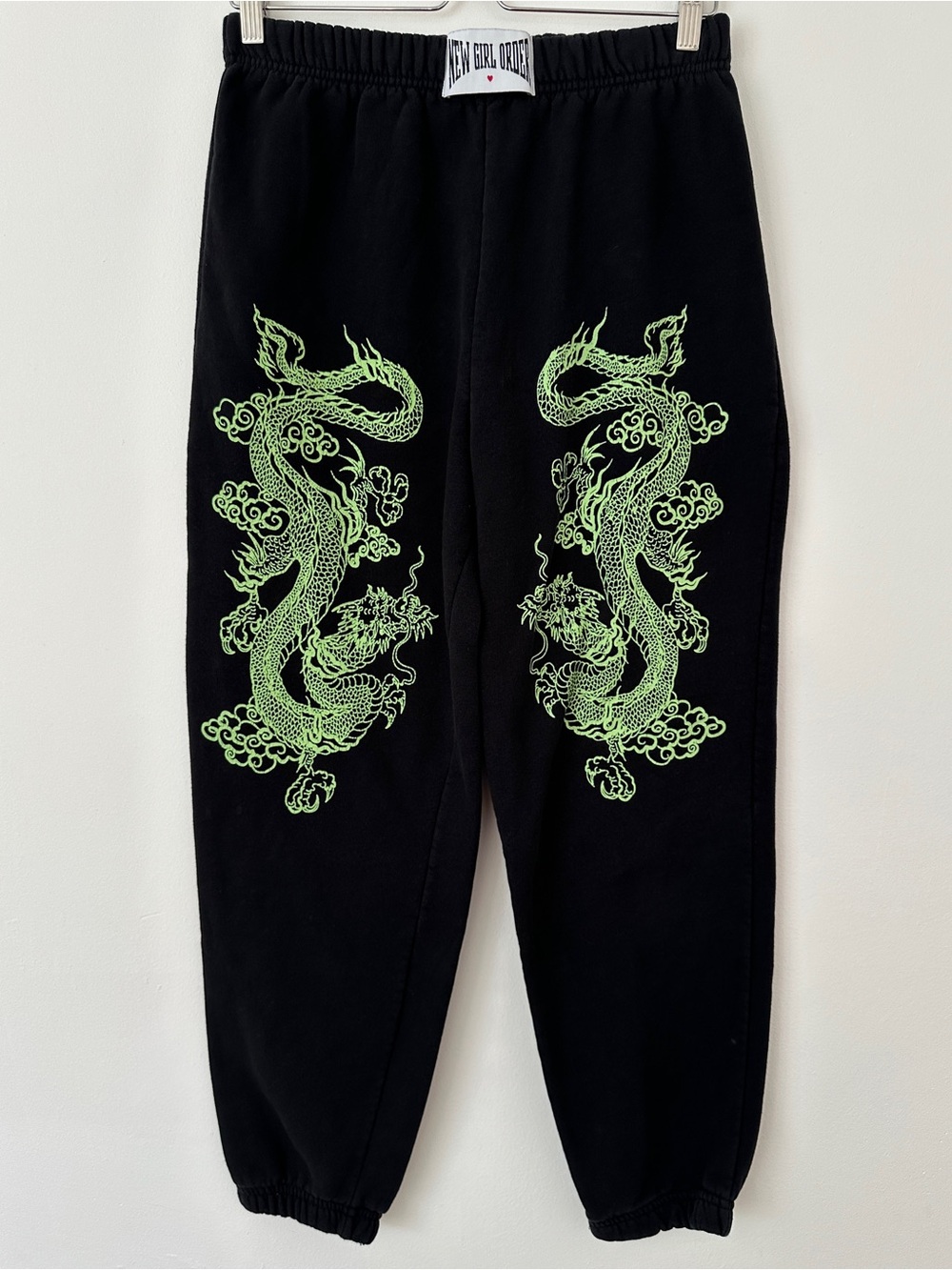 New Girl Order Black Sweatpants Lime Green Dragon Graphic Joggers US 6 UK 10